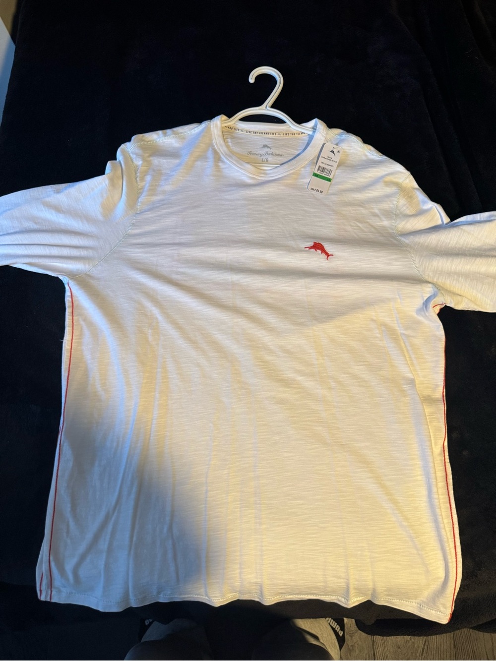 Tommy Bahama White Long-Sleeve Crew Tee with Red Dolphin Accent